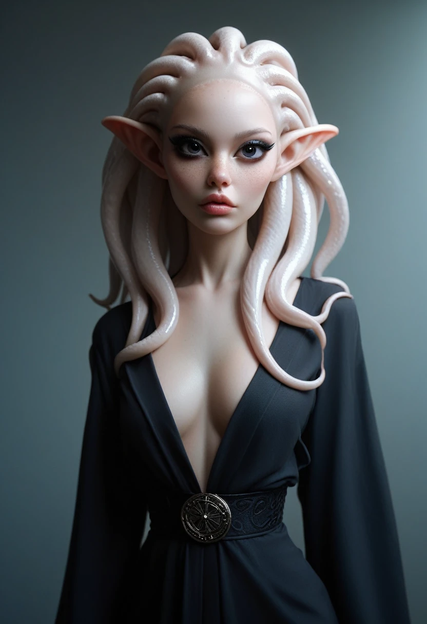 1female humanoid character, alien appearance, pale skin, large dark eyes, freckles, small pointed nose, long white tentacles on her otherwise bald head, form-fitting black robe, ultra-detailed, 8k, highly realistic, photo-realistic, intricate details, dramatic lighting, dramatic colors, dark moody atmosphere, fantasy art, digital art, concept art
