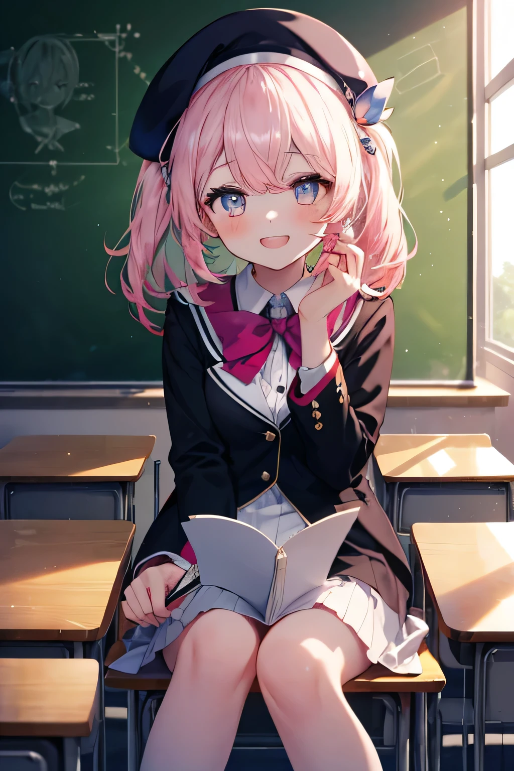 Girl smiling( showing teeth), fondo classroom, school fund(classroom), complete anatomy,  ornament of an accessory shaped like a flower on the head, graphic effects, first person, white beret,  summer school uniform , sitting, Reciting a poem , chalkboard( superimposed with text  {I love you Elandir ), letter, pink flower