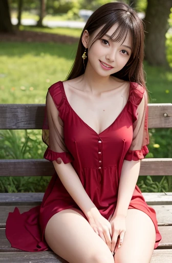 (masterpiece, best quality:1.1), (8k, raw photo, photo realistic:1.2, f22), (shiny skin),japanese,detailed skin,long hair,ribbon,detailed face, detailed eyes,smile,BREAK, real world, intricate details, smil, BREAK, 1girl, full body,(short sleeve,dress,red),BREAK ,(テラス:1.4)