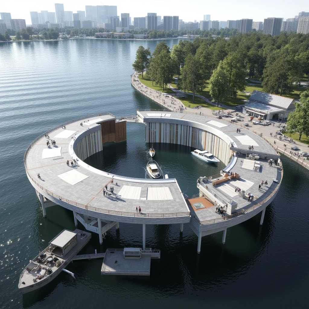 I need a circular-shaped structure with openings to enter boats over the water on stilts that has a pier next to it 