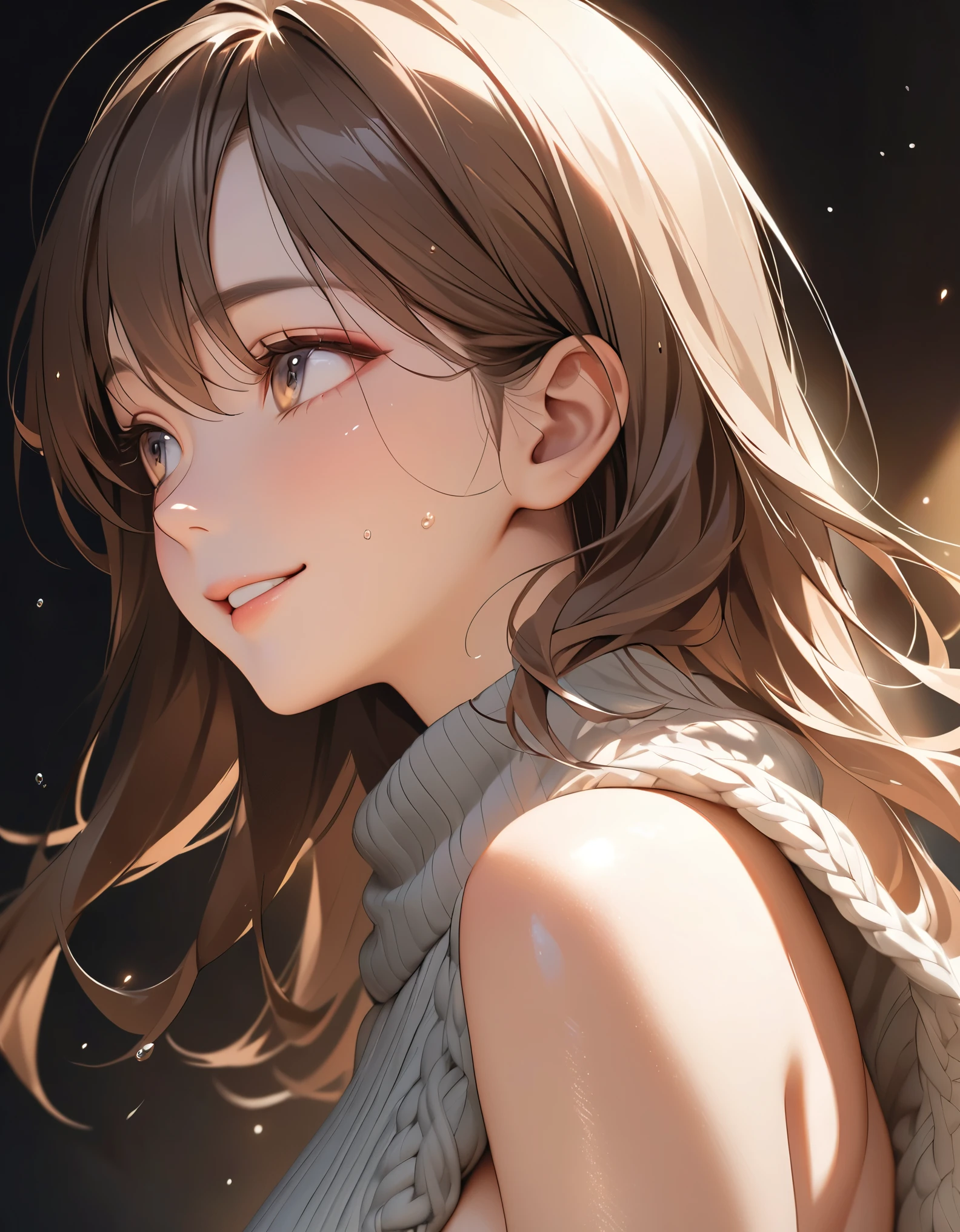 masterpiece, upper body shot profile, -yeld 1l、independent、Look forward、Light eye makeup、Brown Hair Color、flat 、Hair blowing in the wind、Quality of actress、Shiny, Ultra-realistic faces、smile、Watery eyes、look up、Soothing lighting effects、 Ultra-Realistic Capture、Very detailed、High resolution 16k human skin closeup。Skin texture must be natural、Must be so detailed that pores are visible、skin is healthy、Must be of knitwear tone、Use natural light and color、High quality photos taken by modeling agencies, Exclusive photographer、smile, loose and light weight knitwear, shoulder out, no bra, sleeveless, showing sideboob of the breasts