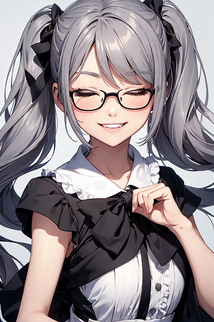 a caricature style drawing of a girl in the anime style wearing glasses, 1girl, solo, one eye closed, glasses, ahoge, open mouth, long hair, grey hair, bow, smile, twintails, bespectacled