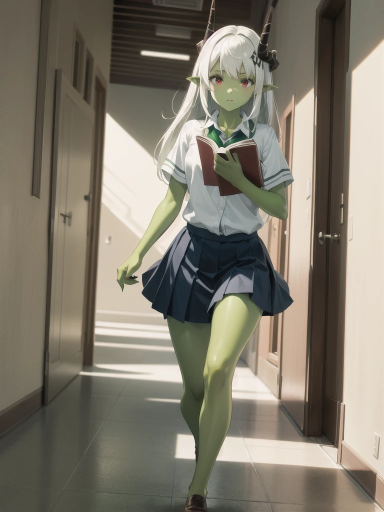 1 Girl, Miss, Mudstone (Ark of Tomorrow), Red Eyes,  alone , There is only one person， Long hair, Pointed ears, White hair, bangs, horn， to a standing, Mudstonedefclass, HD， best quality，Skin of color，Green Skin，Sharp nails， green nails ，Green Skin，Green Skin，Green Skin，Green Skin，Green Skin，Green Skin，Green Skin，School Uniform，campus，Running through the hallway while holding the book ，Running through the hallway in a hurry