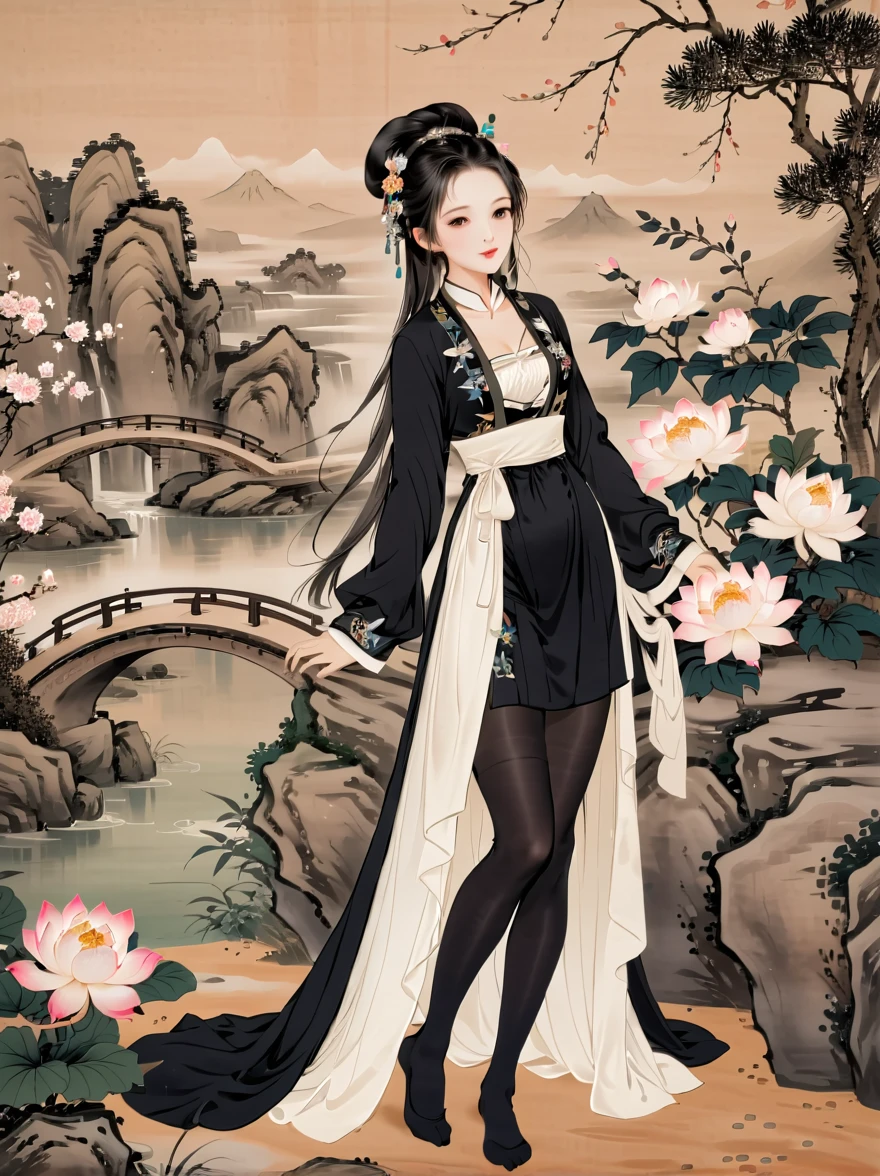 (((Chinese ancient paintings)))in(((Beauty)))The image is graceful 、Beautiful face、 slim， wearing gorgeous clothes ，(((Long black stockings showing the lower body)))， The background is natural landscape flowers and plants、landscape、Pavilions，Elegant temperament。Lots of details，masterpiece，32K