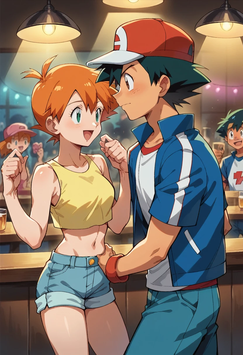 1boy, ash ketchum, black hair, brown eyes, hair between eyes, baseball cap, blue jacket, grey jeans pants, handsome boy, macho, good looking boy 1girl, misty pokemon, orange hair, green eyes, yellow crop top, blue jeans shorts, pretty, beautiful girl photograph of a 25 years old couple, in a bar, they're showing off their love and affection for each other, they're singing, in a karaoke, party lights and music around them, they have microphones in their hands to sing