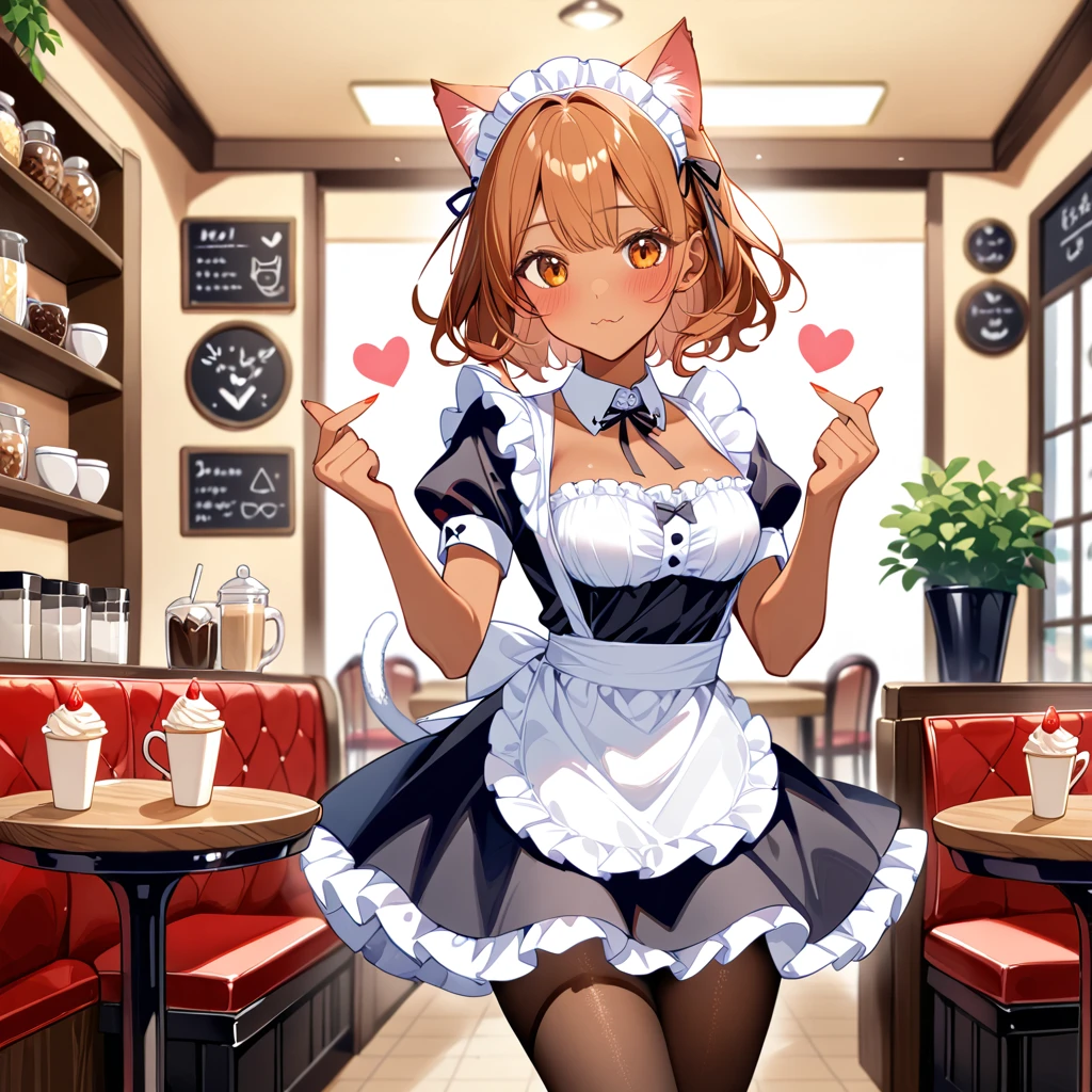 Digital artwork of a cute older sister wearing tanned skin and a maid costume with cat ears BREAK cat ears, headdress, maid costume, apron, frill, collar, pantyhose BREAK finger heart, hands up, heart sign, cafe, blush, （masterpiece：1.2）、（Best Quality：1.2）、（ very aesthetic ：1.2）、（ absurd：1.2）、（ detailed background）、up to date、Safety、complicated、 very detailed skin