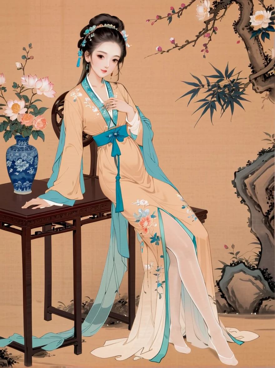 (((Chinese ancient paintings)))in(((Beauty)))The image is graceful 、Beautiful face、 slim， wearing gorgeous clothes ，(((Long, flesh-colored stockings showing the lower body)))， The background is natural landscape flowers and plants、landscape、Pavilions，Elegant temperament。Lots of details，masterpiece，32K