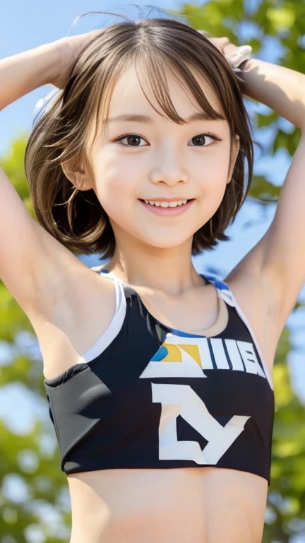 (flat chest:1.2), (small chest:1.2), good, bob hair, (tanktop, surreal, perfection, highest quality, 8K:1.5), Upper body girl, children `s, Beautiful big black eyes:1.1