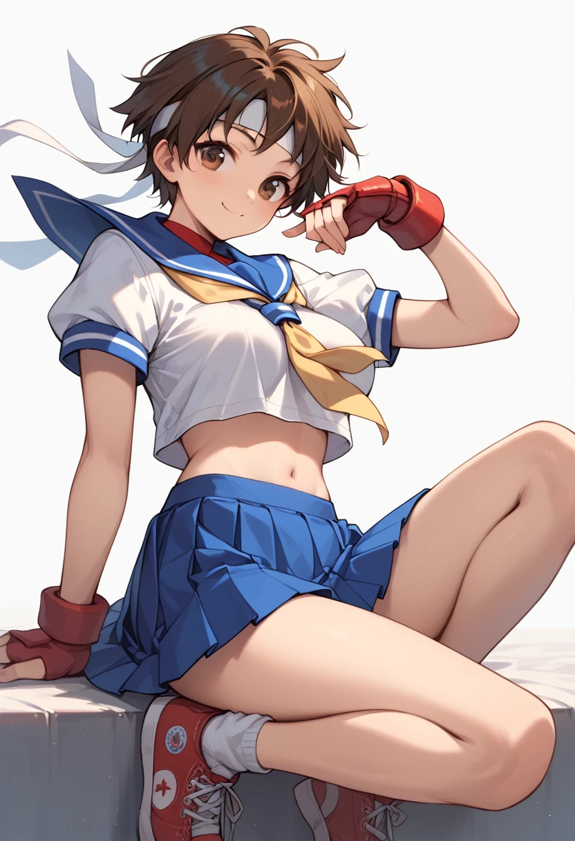 (score_8, score_8_up,masterpiece,highest quality, Perfect Anatomy, Exquisite detailed:1.3) (realistic:0.5) 1 girl,sakura kasugano, brown eyes, brown hair, short hair, ankle socks, blue skirt, crop top, headband, midriff, miniskirt, navel, sailor collar, school uniform, shoes, short sleeves, skirt, sneakers, socks, stomach, shirt, white shirt, white headband, gloves, red gloves, cute face, busty (half closeeyes:0.3)