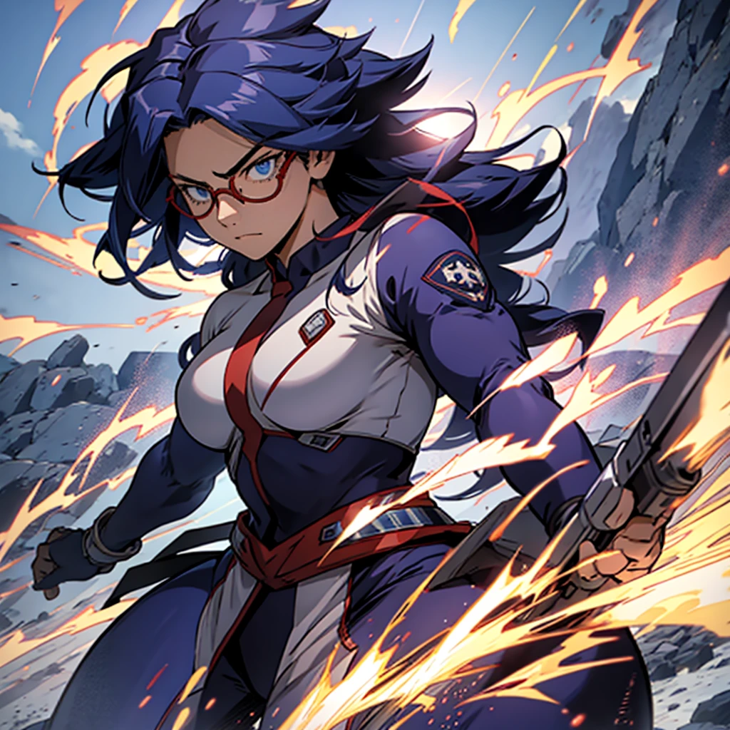 [nemuri kayama, female, tone] [dark purple long hair, sky blue eyes] [red framed glasses, hero costume] [day time] [detail eyes, detail face, detail hand] [alone, battle stance, outside setting]