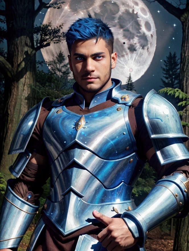 Best Quality、Super detailed、 masterpiece、Only 1 person、 brown skin、Perfect Eyes、The perfect man、Blue Hair、Wearing armor、Short Hair、Hairy、holding a big magic wand、Forest illuminated by moonlight