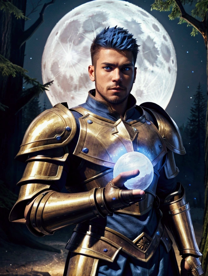 Best Quality、Super detailed、 masterpiece、Only 1 person、 brown skin、Perfect Eyes、The perfect man、Blue Hair、Wearing armor、Short Hair、Hairy、holding a big magic wand、Forest illuminated by moonlight