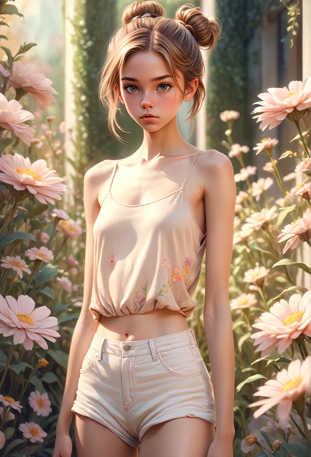 (Cinematic photo: 1.3), (really: 1.3), (comfortable: 1.3) Beautiful  girl, (difficult messy bun of light brown hair), highly detailed skin texture, skinny shoulders, realistic skin texture, looks straight into the camera, (looks at the viewer), pout, pastel, shine, dramatic, dreamy, pastel flower garden, thin, skinny, gentle, high detail, difficult, digital painting, fantasy theme, skinny, bare belly, fantasy concept art, fantasy characters, beautiful teenage girl, perfect body, highly detailed full-length shot, dreamy, pastel, watercolor, strange, gentle, highly detailed texture, realistic texture, digital painting, high detail photography (art deco: 1.3), (classic realim: 1.3), (Fujifilm Superia: 1.3), natural, golden hour light, full body portrait, slim legs, narrow pelvis, barefoot, full naked body