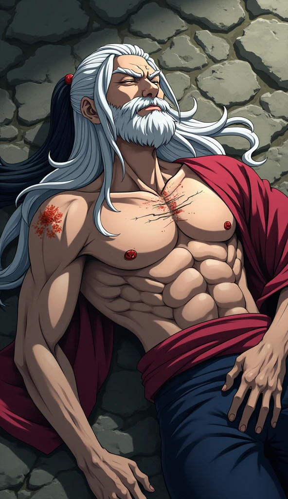 (masterpiece),(highres),(intricate details:1.4),extremely detailed,(illustration:1.2),8k,photorealistic,exquisite,solo, (Bold perspective),aged,elder male lion ,muscular, (Ancient Greek mythological style;1.8)(white robe:1.6),manhood,safeguard,(white hair:1.3),long hair,long white beard,scar,(badly damaged),(sacrifice),hurt,broken body ,(bleeding:1.9) ,(killed by his brother:1.9),(his chest was hit by an arrow:1.9)
