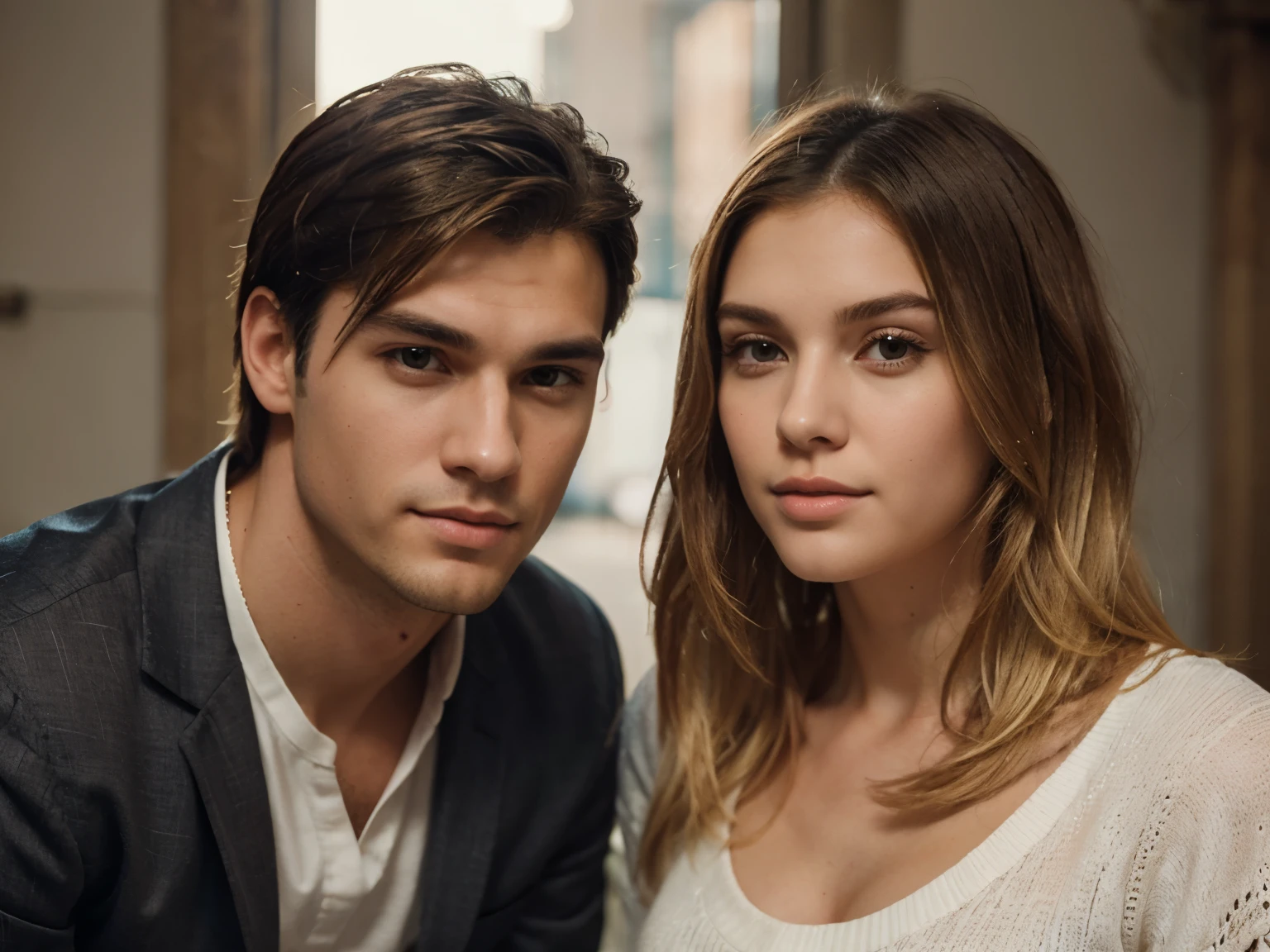 peter parker and mary Jane watson in a blue suit and white shirt, couple portrait, high quality portrait, a bare couple, couples portrait, fine portrait, portrait of two people, full protrait, cover shot, merge, love interest, france, herzog de meuron, promotional portrait, dramatic cinematic lighting
