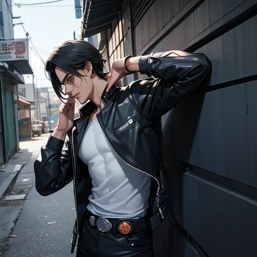 8k, masterpiece, best quality, realistic, higly detailed, cowboy shot, 1boy, solo, Fuutarou, young man, fair skin, black hair, bowl cut, two strands sticking up from the back of his head, bangs that cover his forehead, blue eyes, slim physique, tall build, tends to slouch, serious expression, scary and thuggish vibe, bad guy, Punk Singer