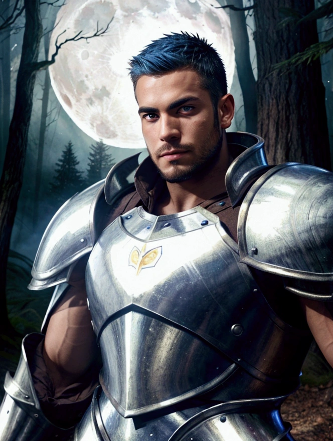 Best Quality、Super detailed、 masterpiece、Only 1 person、 brown skin、Perfect Eyes、The perfect man、Blue Hair、Is wearing revealing or heavy armor、Short Hair、Hairy、Forest illuminated by moonlight