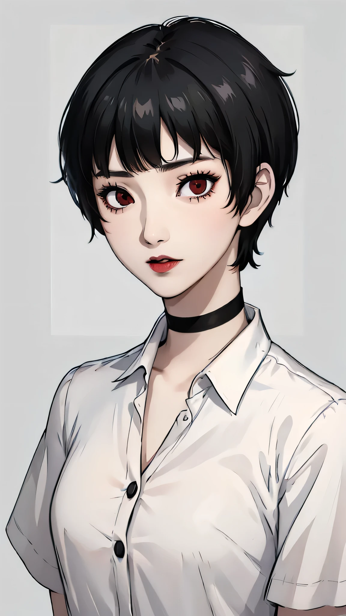 1 girl, very Short hair, tomboy Pixie haircut, black hair, red eyes, black lipstick, black lipstick, face portrait, black choker, white shirt , front face, front face, face portrait, bangs