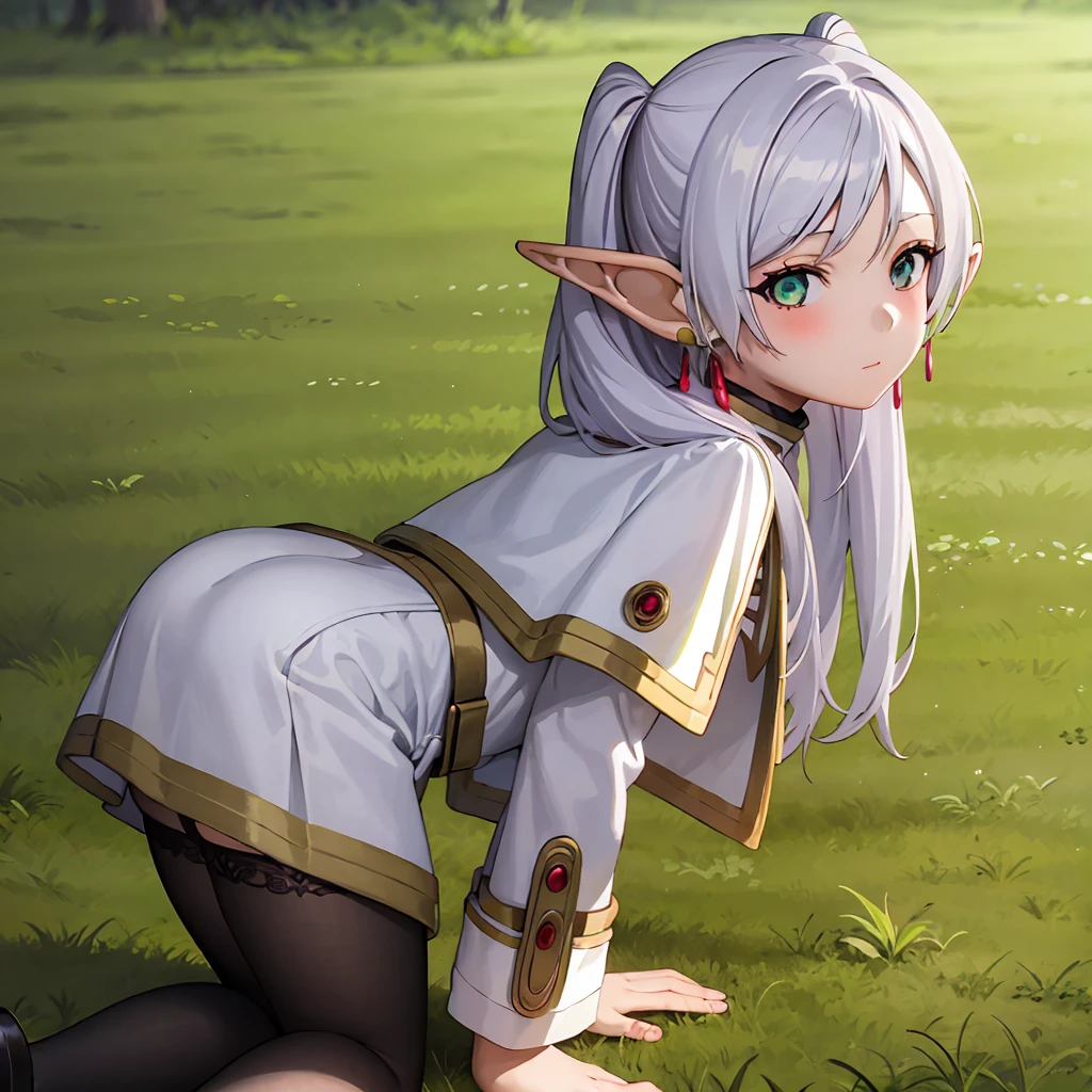  1 girl,  Twin Tails,  very long hair ,  silver hair,  pointed ears, Elf,  White Capelet, green eyes,  Black Pantyhose ,  earrings for a woman alone, White Skirt, belt, White sleeves、((( skirt lift :1.2、Panty shot:1.1)))、Thighs、(( is on all fours、Backwards、look back))