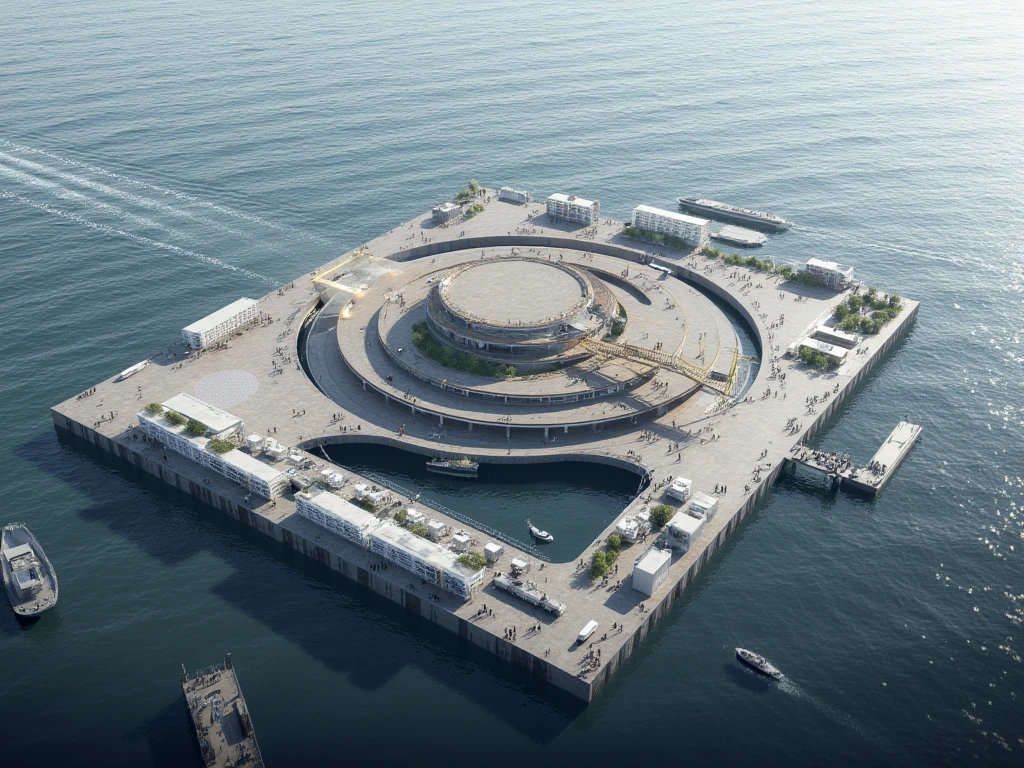 Generate a small structure in the shape of a circle with openings for boats to enter , that has a long pier next to it to park boats and everything above the water with a pile structure 