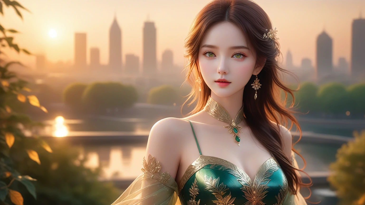 A Masterpiece In 32K Resolution, Supreme Quality, Super Detail, Official Art, Cinematic Lighting, Beautiful And Aesthetic, Ultra-Detailed Features, Very High-Resolution 32K Wallpaper. A Girl With Crystal-Textured Skin, A Cold Look, And Smooth Movement, Adorned With An Attractive Pattern And Dressed Sensually To Highlight Her Ample Breasts. Gentle Breeze, Scattered Leaves, Urban Cityscape Background, Porcelain Texture Skin, Soft And Mysterious Look, Dark Brown Hair, Straight And Sleek, Green Eyes, Elegant Stance, Intricately Delicate, Sunset Skyline, Stunning Eye Details, Fine Detailing, Cinematic Lighting, Charming Expression, Tranquil City Park Surface, Original Portraits, Super Detailed, Incredibly Detailed, An Ethereal And Serene Beauty, Gorgeous Eyes, Upper Body, Gazing Ahead, Mystical, Full Body, Front View.