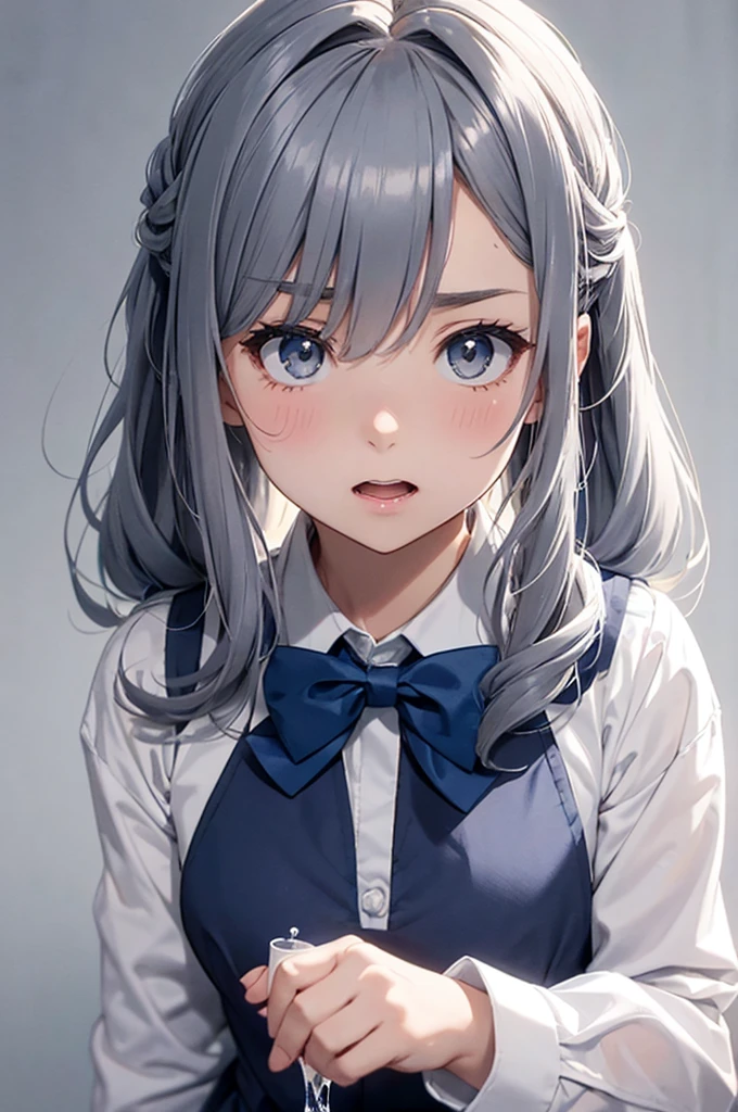 female character making pouring motion from jug of water with a funny look on her face, 1girl, kiyoshimo (kancolle), solo, bowtie, bow, blush, ahoge, hair between eyes, white shirt, long hair, open mouth, shirt, simple background, holding, white background, long sleeves, sleeveless dress, bangs, grey hair, sleeveless, blue bowtie, collared shirt, blue bow, cup, upper body, sweat, holding cup, grey eyes, yellow bow, dress