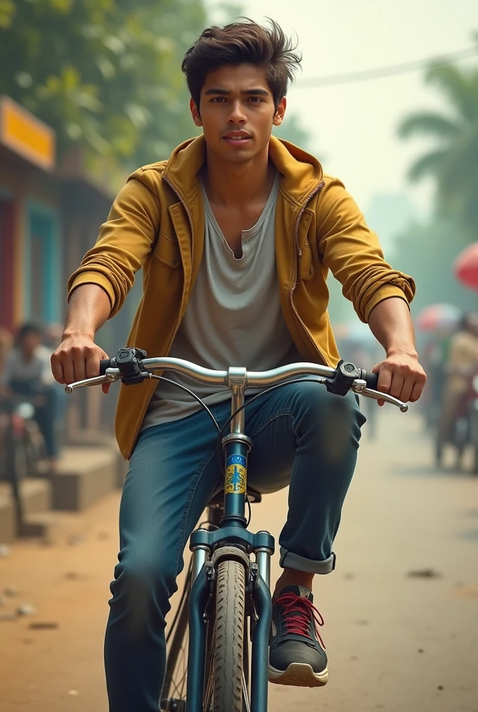 Realistic far angle portrait of a handsome Indonesian teenager, 25 years old, shirtless, wearing cargo jeans and a necklace with jade gems. He is riding an old bicycle, has a handsome face and short hair. The atmosphere is on a busy highway in the morning, ultra HD hyperrealistic.