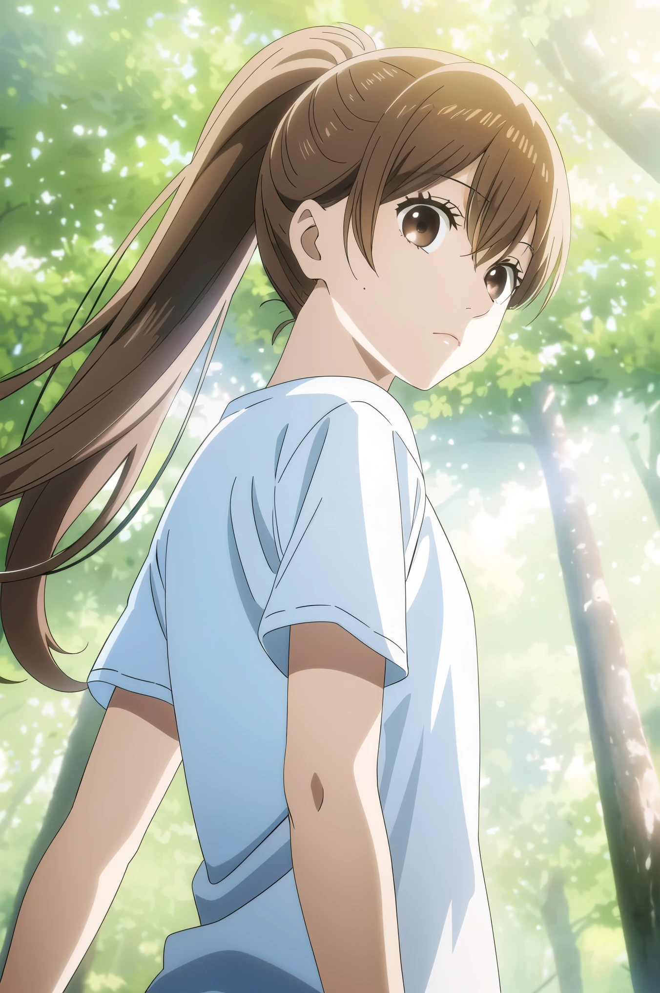 masterpiece, Best Quality, Game CG,  1 girl, Alone,  ,  Depth of Field , Chihaya_, Brown Hair,  Brown Eyes ,  ponytail,(((White background)))、Extend one hand towards the viewer、(No background)、empty back ground、Light blue T-shirt、 angle from below