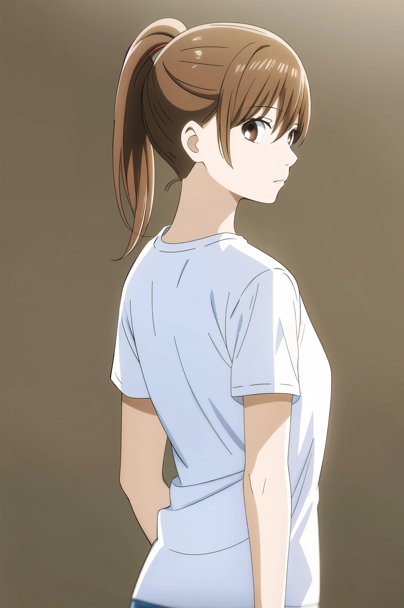 masterpiece, Best Quality, Game CG,  1 girl, Alone,  ,  Depth of Field , Chihaya_, Brown Hair,  Brown Eyes ,  ponytail,(((White background)))、Extend one hand towards the viewer、(No background)、empty back ground、Light blue T-shirt、