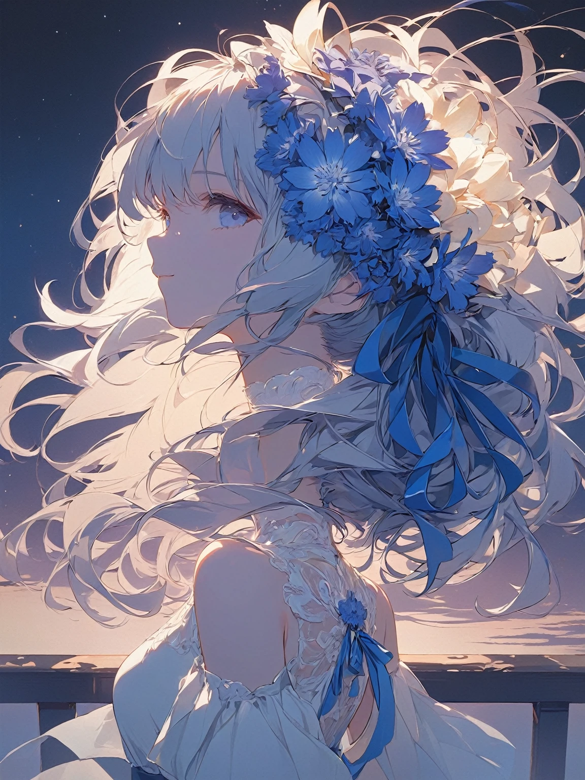  Cornflower  ,(masterpiece),(High-definition CG, ultra-detailed, best shadow :1.3),( COMPLETE ANATOMY),(beautiful and luxurious:1.2), 1 girl,((Arms folded behind back)), blue ribbon on head ,White cute clothes ,beautiful、 very detailed face , flat color, Limited Palette, low contrast,Best lighting, Light Smile ,On Bridge,(Night view), Cowboy Shots 