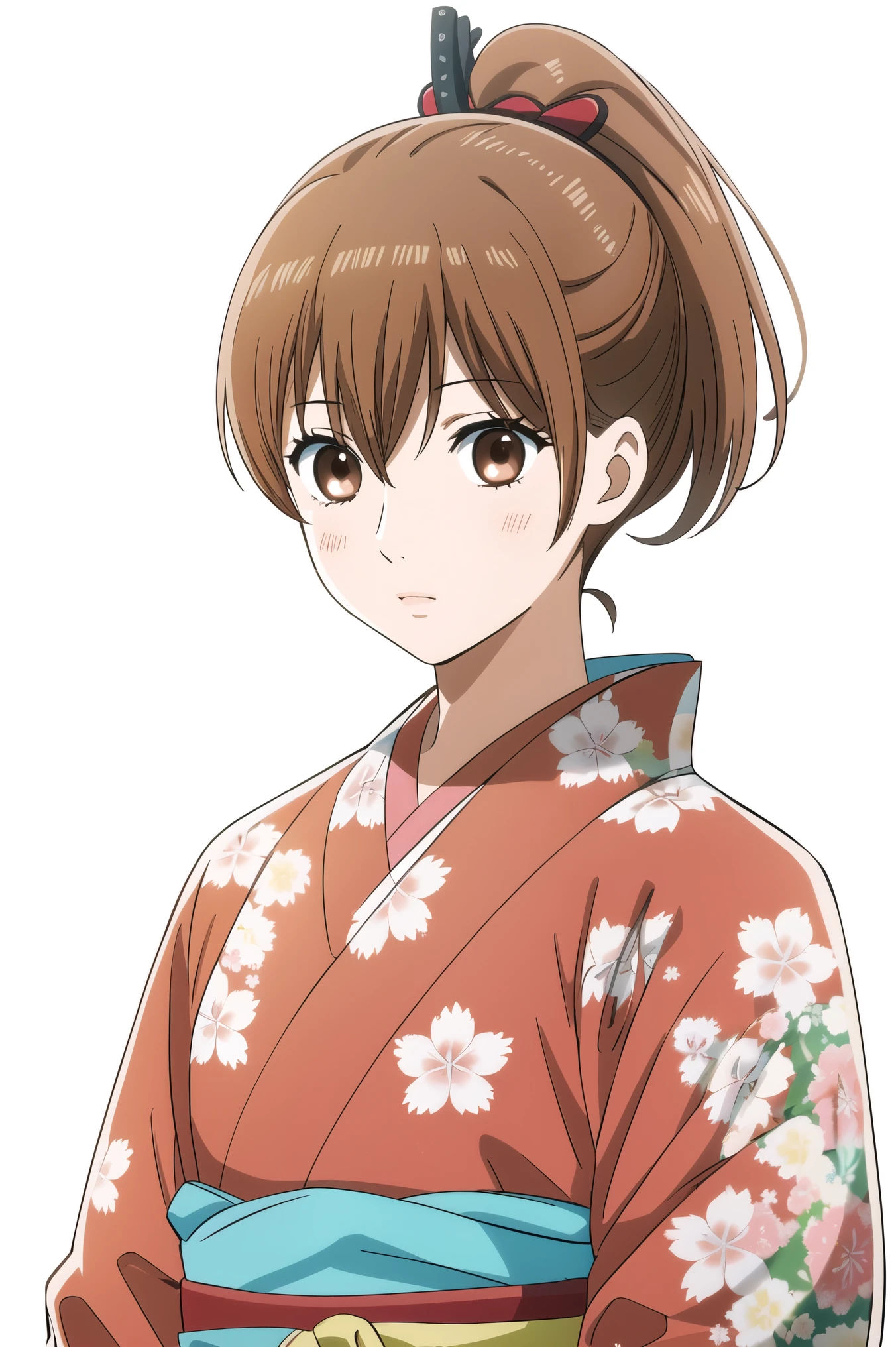 masterpiece, Best Quality, Game CG,  1 girl, Alone,  ,  Depth of Field , Chihaya_, Brown Hair,  Brown Eyes ,  ponytail,(((White background)))、Extend one hand towards the viewer、(No background)、kimono、美しいkimono、花柄のkimono、((水色のkimono))、empty background