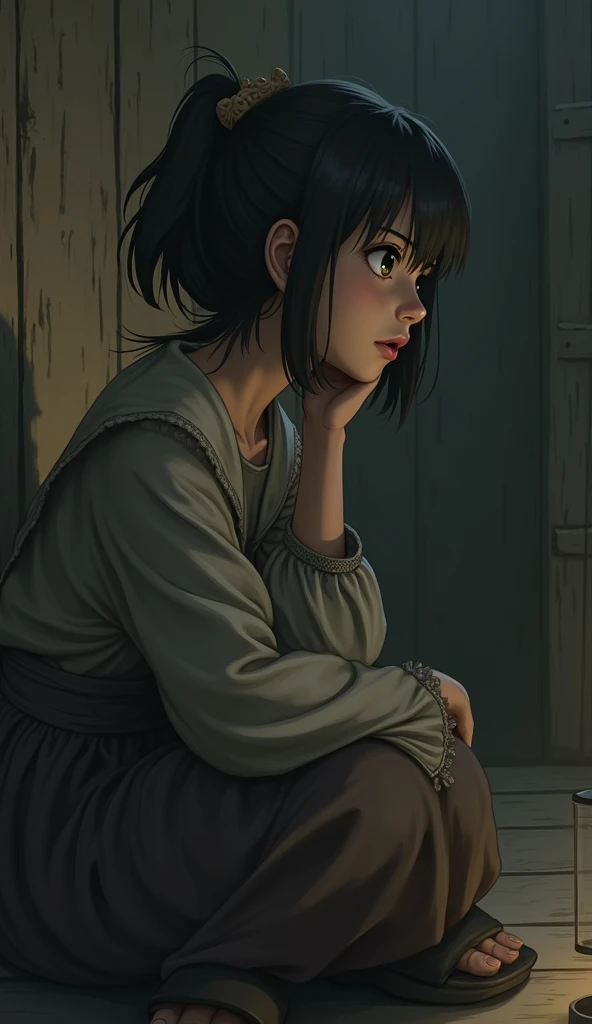 9 year old girl, portrait, convict clothes, prison, depth of field, jail, saddle, realistic, mega realistic, details, 8k, UHD, condemned, sad look, fear, black hair, military braid, top light, depressive room