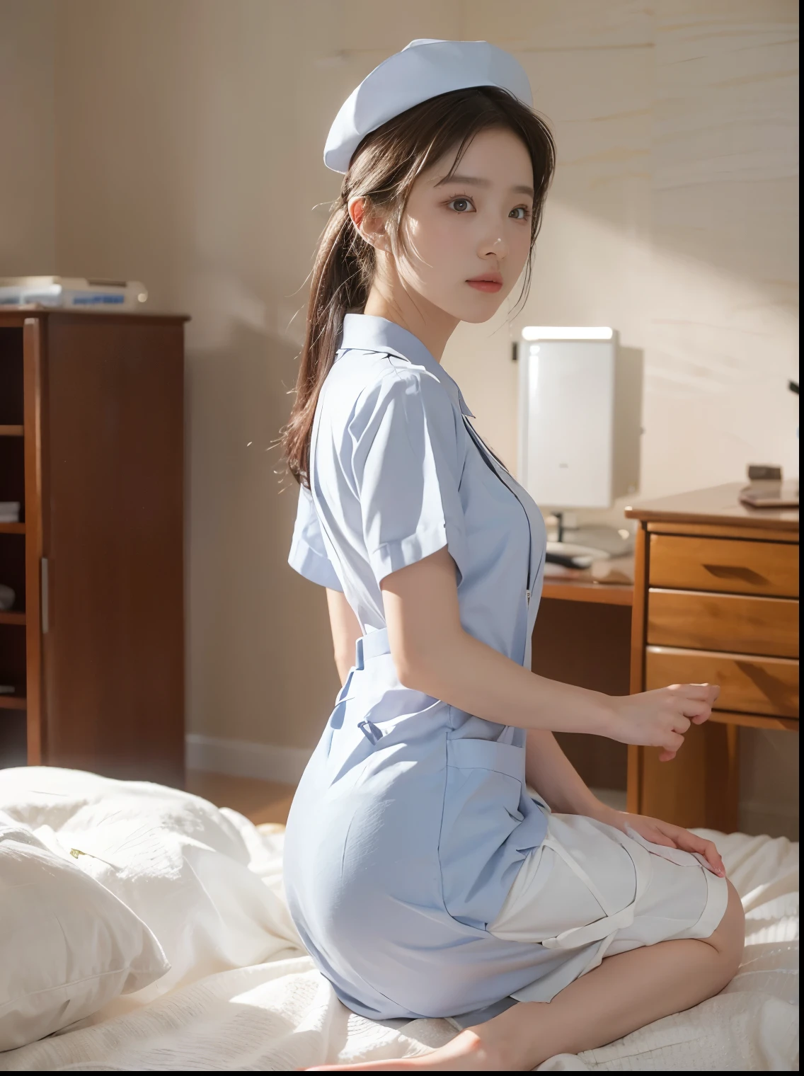 Slender Asian girl, kpop idol, ((nurse)), ((top quality, 8k, masterpiece: 1.3)), crisp focus: 1.2, beautiful woman with perfect figure: 1.4, highly detailed face and skin texture, detailed eyes, ((skinny)), beautiful face, symmetrical face, full-length, sexy, almost naked