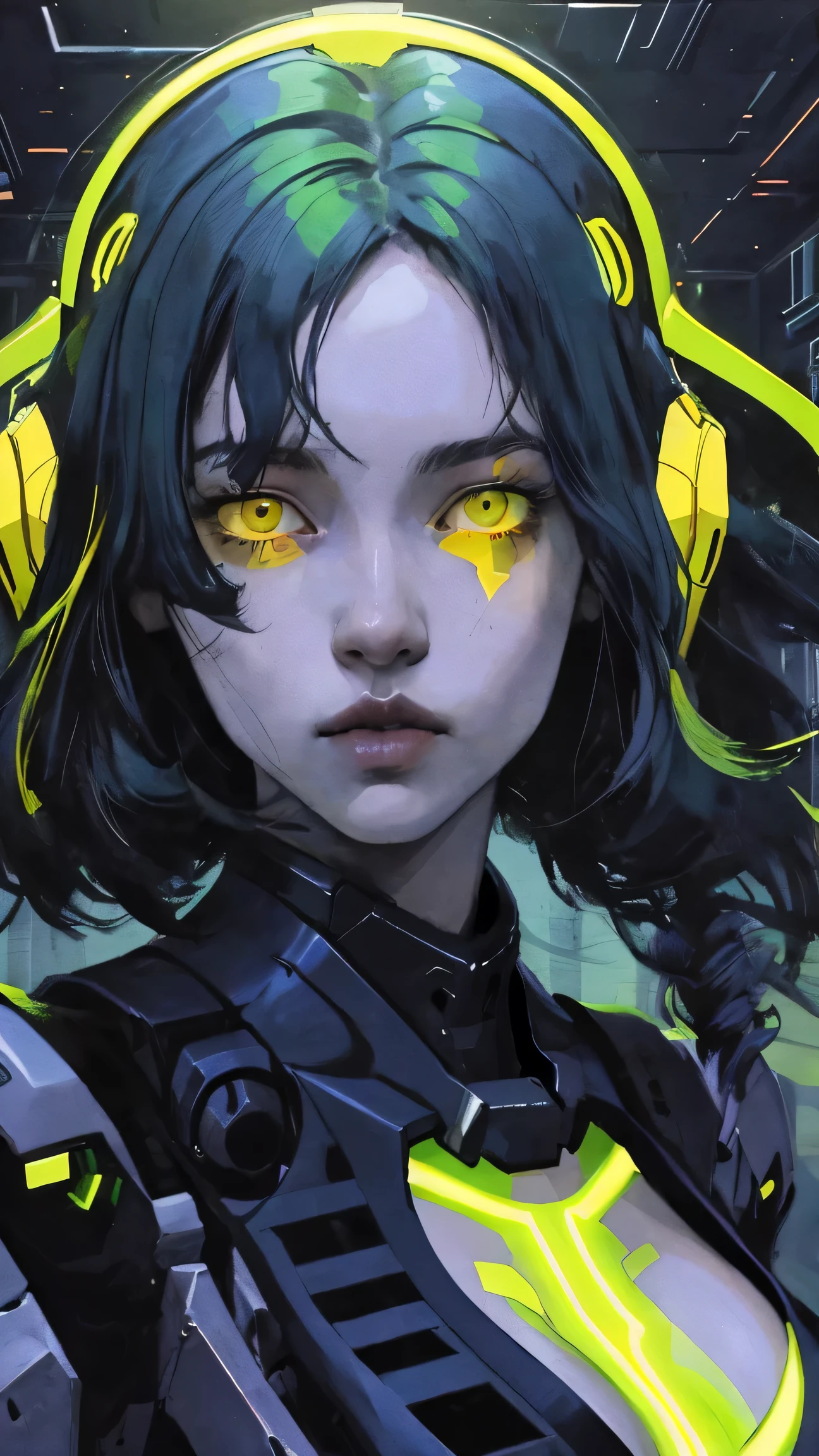 ((best quality)), ((masterpiece)), (detailed), perfect face of cyberpunk mecha japanese girl, neon yellow eyes, neon yellow body, neon yellow hair, ((monochromatic neon yellow color palette)), surreal, art nouveau, in the illustrative style of moebius, spaceships, aliens, fantasy, sci-fi, graphic novel, line drawing, french retro, bizarre, gallery worthy, work of uncanny art, big breasts, cleavage,
