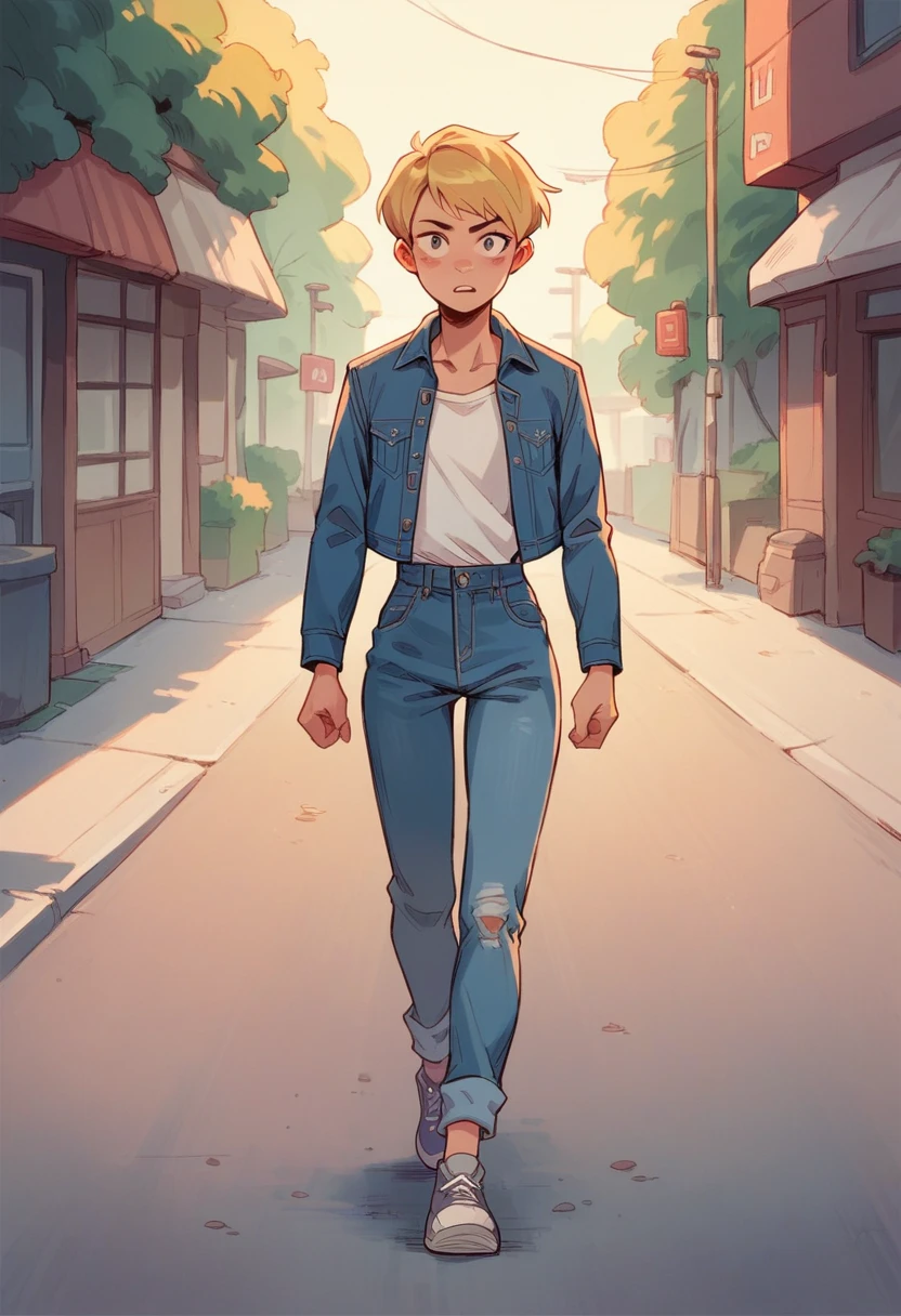 woman with short blonde hair, wearing a denim jacket, walking toward her goal
