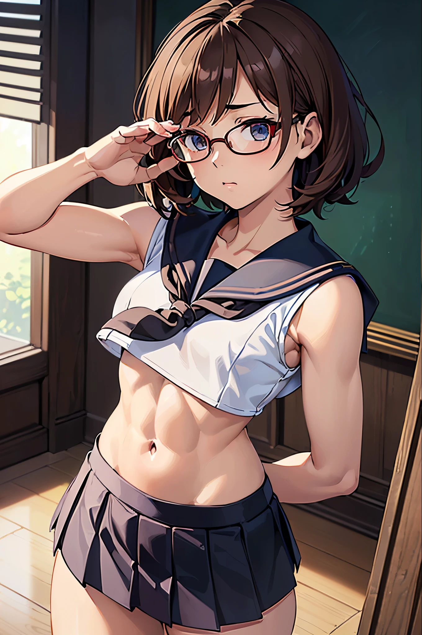 Aile_Megamanzx, 1 Girl, looking at viewer, Brown hair, Green eyes, Simple background , Blushed , Leaning on a table , Glasses , sharped Eyes, Naked, Green with black lines Micro Bikini 