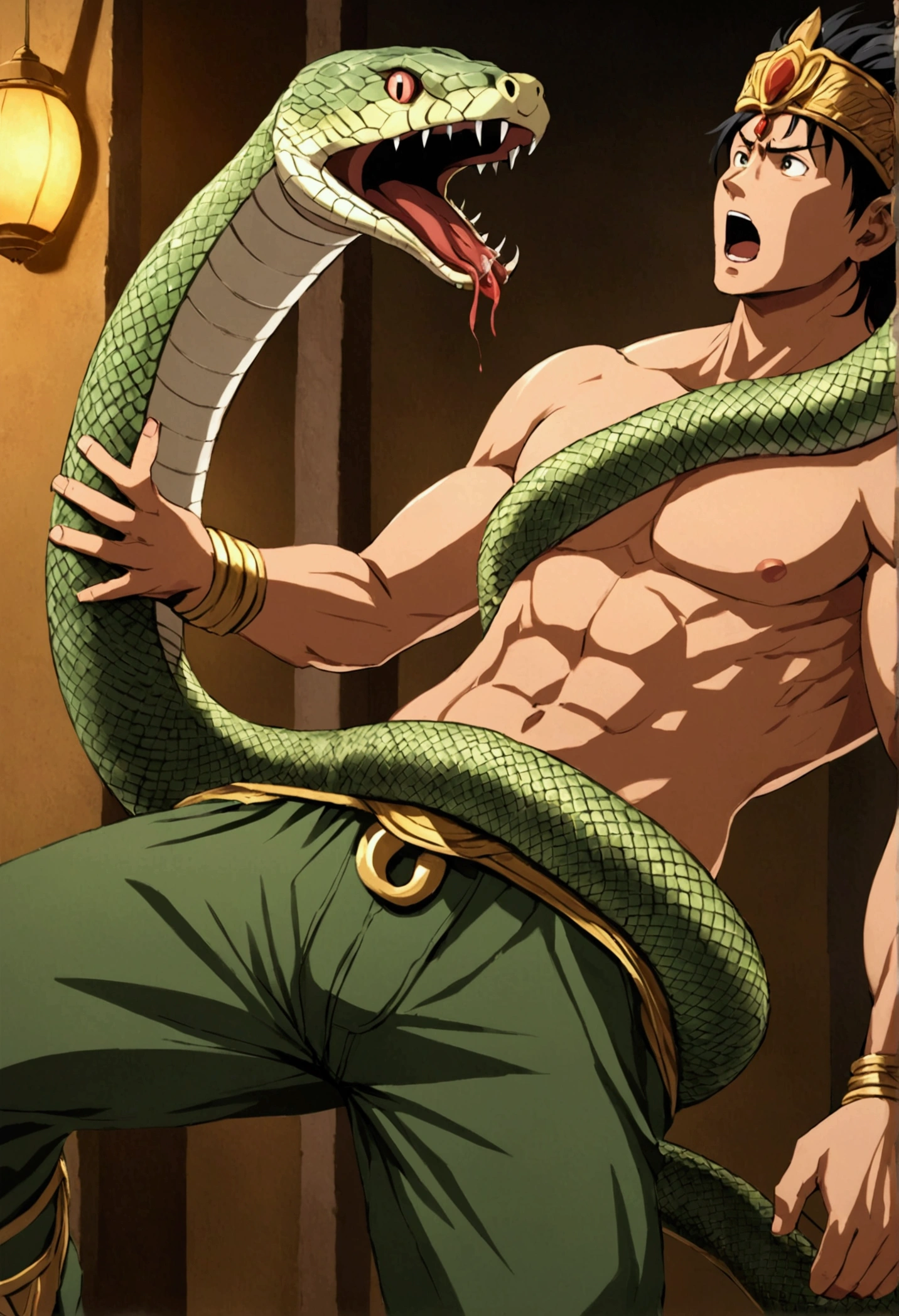 A boy, Alligator, animal, alligator King crown, muscular body, so handsome, high detail, full body,