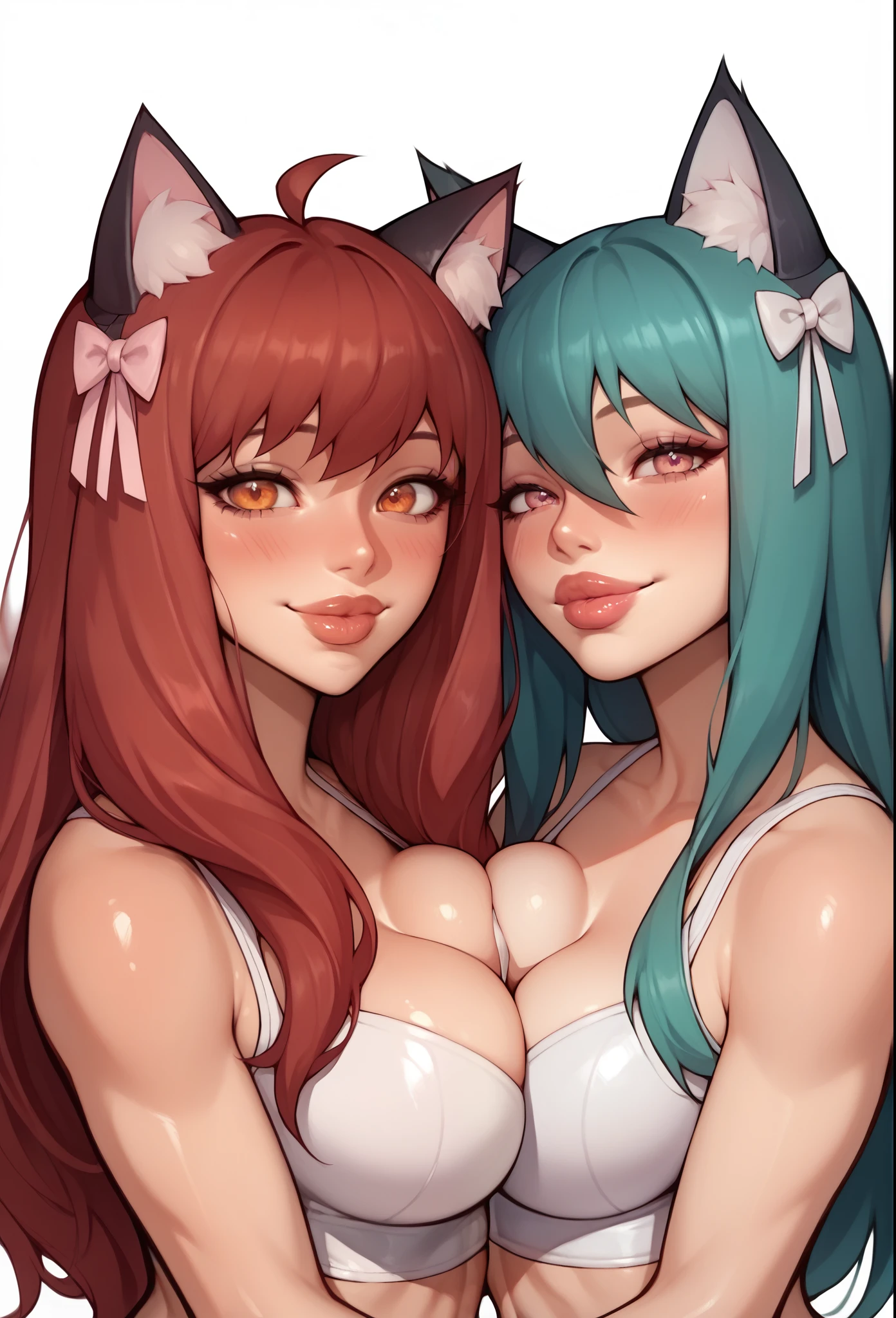 2girls , duo, lesbians, cat girls,  fluffy cat ears, one girl with blue teal hair and orange eyes, one girl with maroon red hair and pink eyes, long hair, large breasts, long eyelashes, mature, (bimbo, big plump lips) shiny skin, wispy bangs, naughty look, anime girls, plain white background, fluffy cat animal ears, soft smile, blush, latex