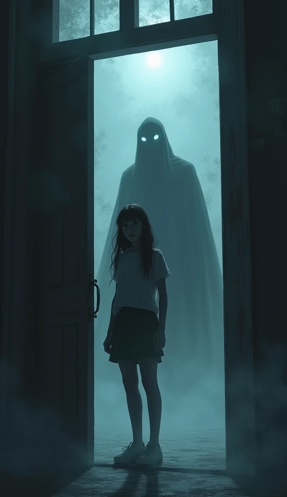 The girl, now terrified, sprints down a narrow aisle between bookshelves, glancing over her shoulder as the ghost materializes fully behind her, its hollow eyes glowing in the dark, and its wispy form trailing like smoke