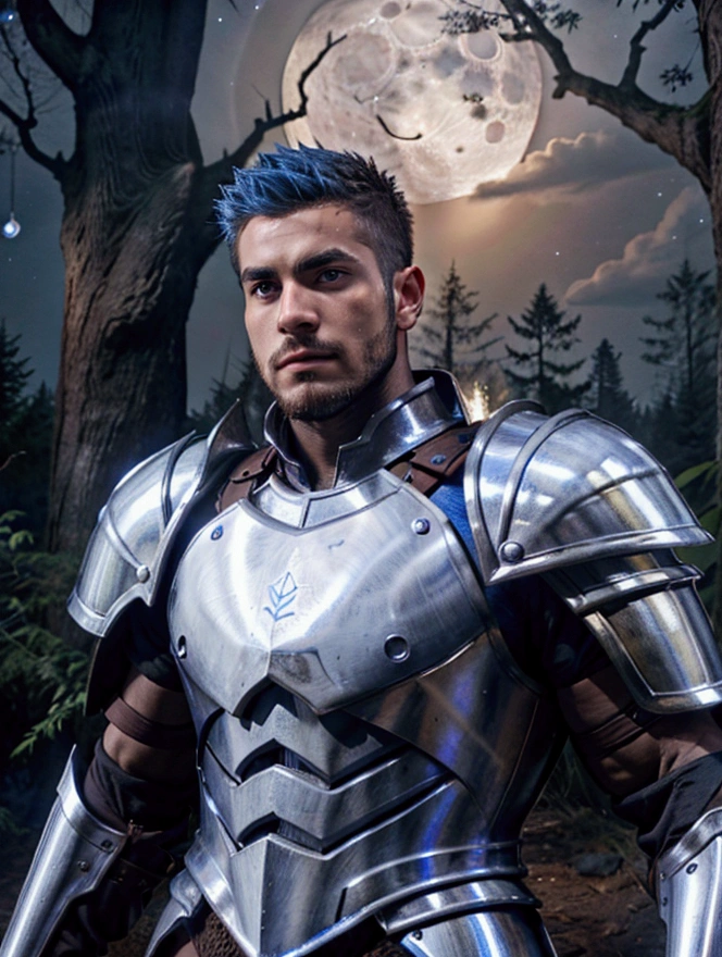 Best Quality、Super detailed、 masterpiece、Only 1 person、 brown skin、Perfect Eyes、The perfect man、Blue Hair、Wears armor with a lot of exposure、Short Hair、Hairy、Forest illuminated by moonlight