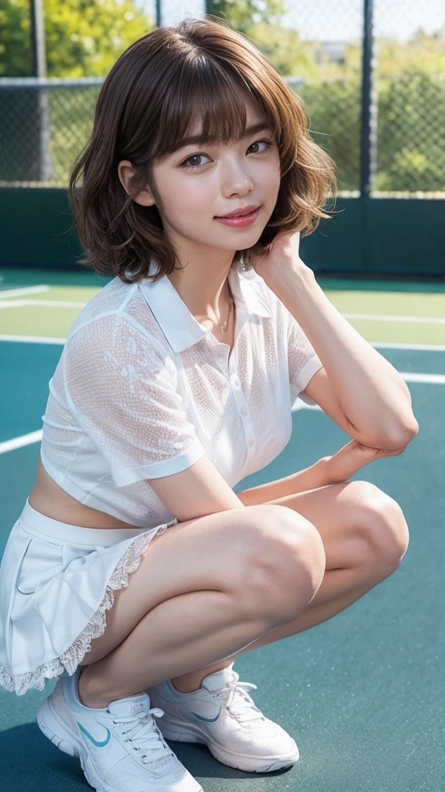 (table top, highest quality:1.2), violaces, Rosaceae, delicate girl, beautiful face, 8K, official art, Raw photo, incredibly ridiculous, 85mm portrait, Upper body, (close your face:0.8), (tight clothing:1.6), (white tennis wear:1.5), stylish pose, small head, big breasts, Cinch West, looking at the viewer, mini skirt, (turn your arms behind your back, Empty-handed:1.4), turn back, thin arms, thin waist, no makeup, Sophisticated, face light, clear lighting, film grain, chromatic aberration, sharp focus, shiny skin, smile, tennis field, (bokeh background:1.2),  background