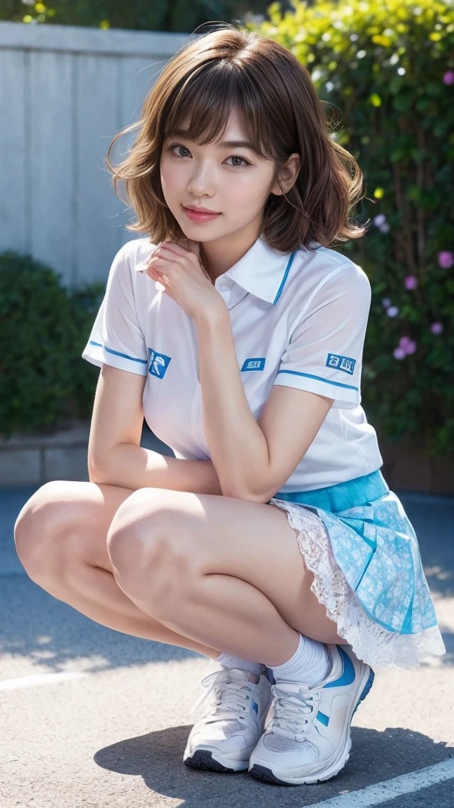 (Solo), (a detailed full-body RAW photo of a girl), (masutepiece:1.0), (Best Quality:1.4), (超A high resolution:1.2), (Photorealistic:1.4), 8K resolution, Canon EOS R5, 50 millimeters, absurderes, ultra-detailliert, (40 years), Cinematic lighting, Detailed beautiful face, (no-makeup:1.2), (ulzzang -6500-v1.1), petite figure, Detailed skin texture, (flat chest:1.4), (skinny and fit body:1.6), Detailed brown hair,  sweltering,(Very short hair:1.5), See Through wear, No bra, (Nike, Blue and white fitted polo shirt、Erect nipples and thin tennis skirt:1.5), up skirt, Wind, More transparent, realistic glistening skin, Detailed texture, Cameltoe, well-developed abs, wet wear, Dynamic Pose, Panty shot from below, hip focus, Blue sky, (Satomi Ishihara:0.3), no-bra　Sheer nipples、Wet panties、Pucklimanco、Show off your