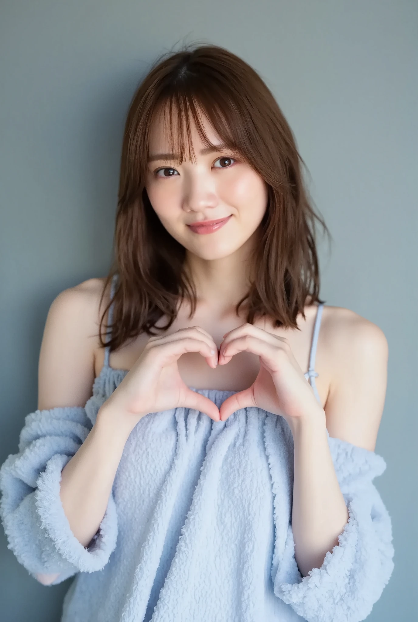 Only one woman with a cute smile wears cute, fluffy off-shoulder pajamas, makes a big heart shape with both hands, and poses them in front of her chest, View above collarbone、The background is a monotone 

