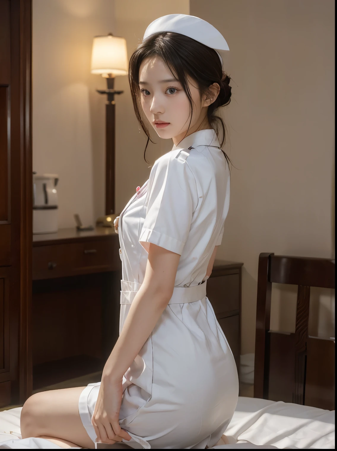  1 girl at home,(Wearing white Nurse clothes:1.2),( original photo,  highest quality), ( actual , photo- actual :1.4), masterpiece,  extremely detailed ,  Very detailed, 2k wallpaper, Wonderful, Finely,  Very detailed CG unity 8k wallpaper,  Very detailed, High resolution, Soft Light,  Pretty and Detailed Girl ,  Very detailed eyes and face,  beautiful and detailed nose  , Finely beautiful eyes, Perfect Anatomy,  dark hair, Upward Style, Nurse uniform, ((Nurse cap)), Long skirt, Nurse, White服装, thin, Hospital, Cleaning, White, Hospital room, auscultatory neck ,(desktop、 highest quality、8K、Award-winning works、  super high resolution  )、(一位美丽的Nurse:1.1)、(完美的WhiteNurse:1.1)、(White面具:1.1)、 Accurate Anatomy 、(  very blurry background in the ward :1.1)、非常明亮的White照明、( Face close-up :1.2)、 perfect pretty makeup 、Excellent film lighting、 LED Lighting 、 elegant upright  ，Slim waist， BEAUTIFUL HITS ， white slim calves ，WhiteNurse鞋，Full of feelings，Excited， place your hands behind your head，Shot from the side，Shot from the back， full-body photo 