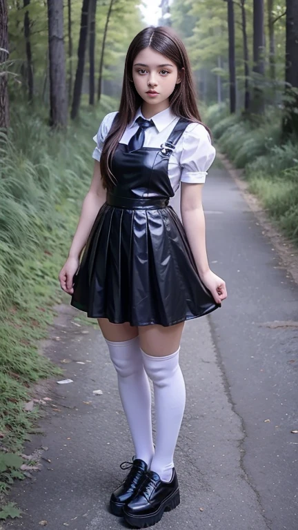 Full body, Mean beautiful young girl , beautiful teen f short black leather skater pinafore, a teen girl ing in a short black silk pleated pinafore, silk pleated skirt, wearing in a white blouse, with short puffy sleeves, puffy sleeves. red silk tie, brunet long straight hair, beautiful eyes, black stockings, sneakers on high platform, Thick Bottom Shoes. girl - standing in the forest, photorealistic , sexy big lips, sad face, perfect long legs, full size body, short black pleated silk pinafore, pleated skater skirt, perfect figure