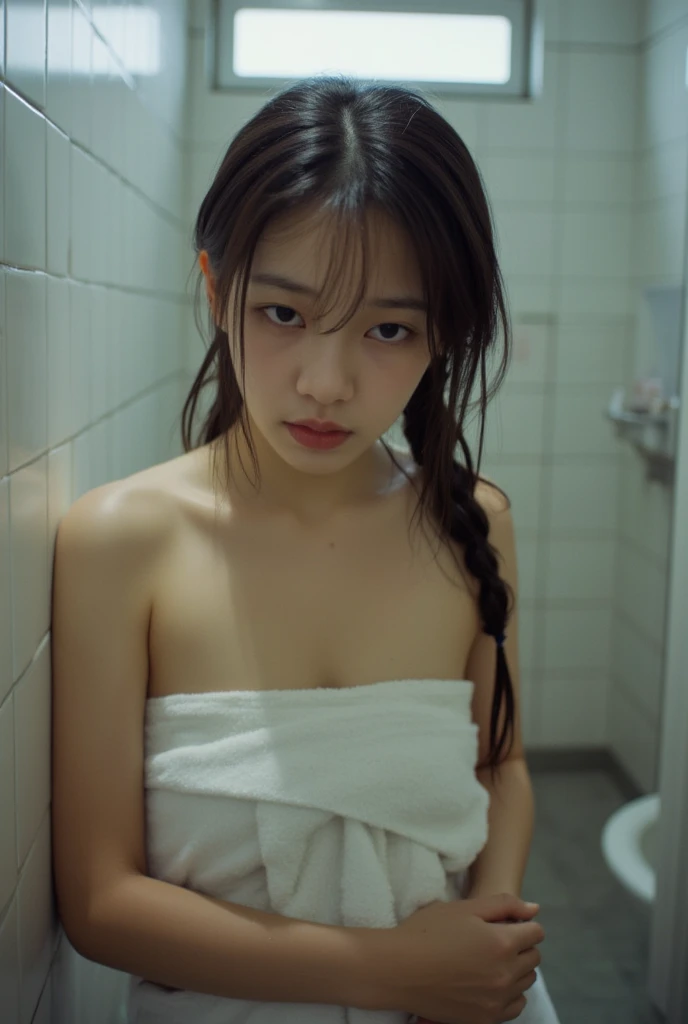 Realistic Photo Indonesia teenage girl From the school bathroom Showering Wear a Bath Towel  is wet from the shower water Closing the door of the School bathroom Ashamed Very embarrassed 