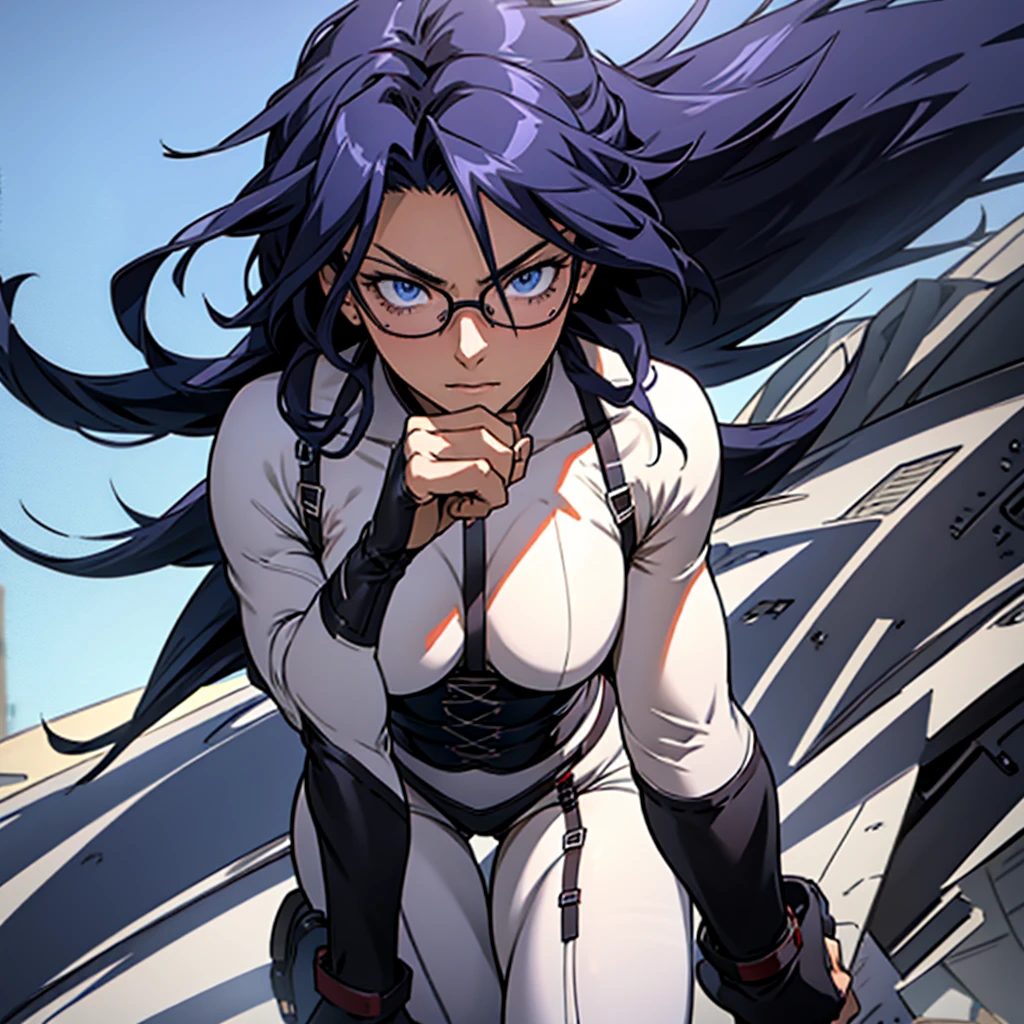 [nemuri kayama, female, tone] [dark purple long hair, sky blue eyes] [red framed glasses, white bodysuite, black corset, black thigh boots] [day time] [detail eyes, detail face, detail hand] [alone, battle stance, outside setting]