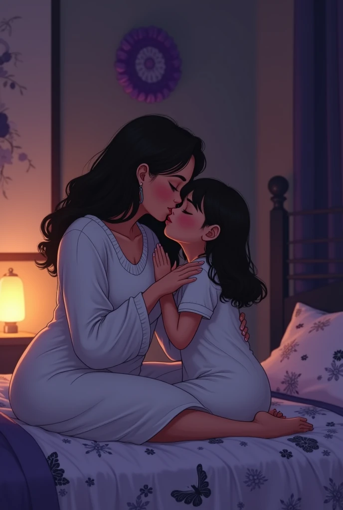 score_9, score_8_up, score_7_up, source_anime, 1boy, 1girl, mature female in a sexy red transparent negligee, necklace, mother and son, ???, kissing , romantic, night time, in the living room, (against the wall)