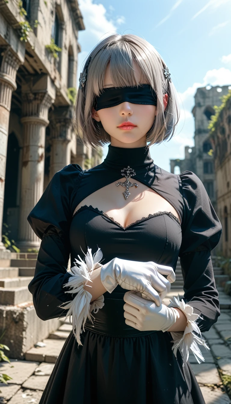 ((Wallpaper 8K)), ((High resolution)), ((masterpiece)), ((highest quality:1.2)), ((High resolution)), ((Absurd)), Portraiture, Upper Body, translation, Black blindfold, eyes covered, Mole under the mouth, Clothing cutouts, Long sleeve, Puffy sleeves, Juliet Sleeve, Feather ornament, Black knee socks, Black gloves, Black Dress, Black Skirt, Background of the ruined city,