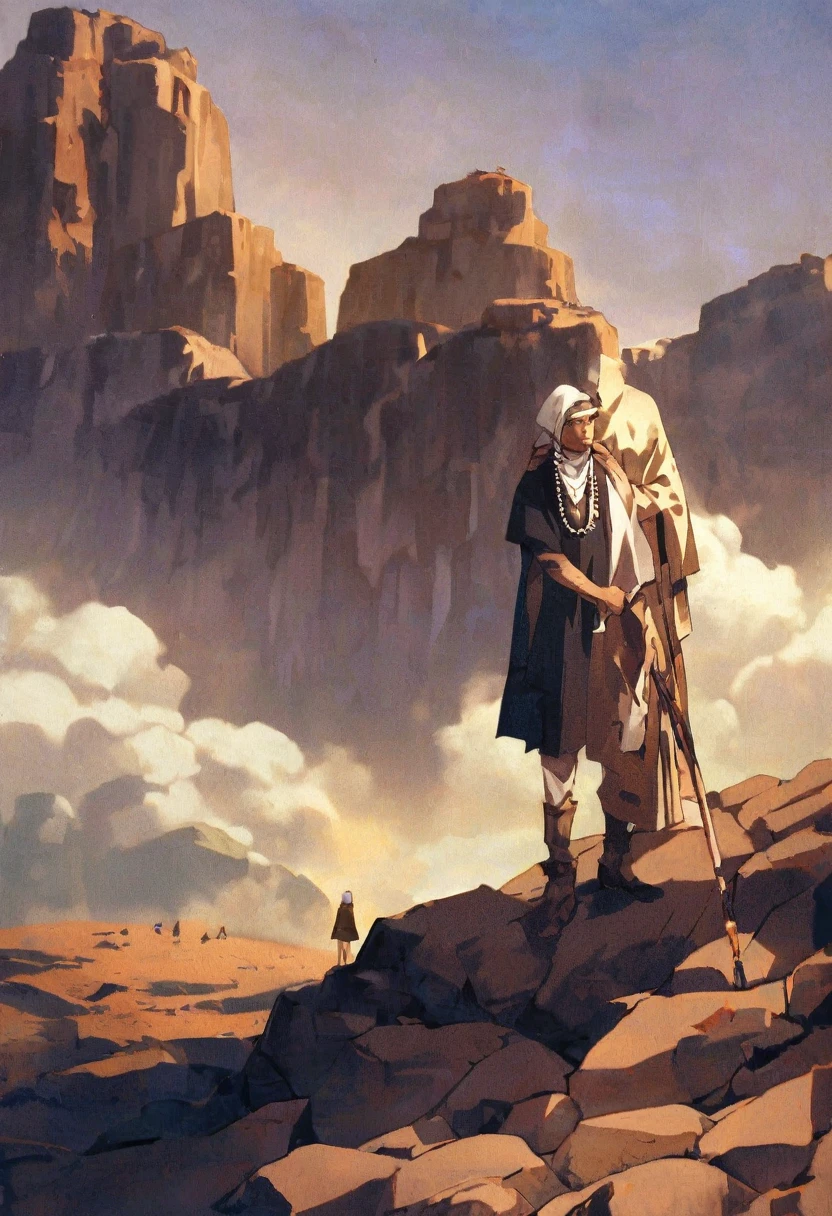 Capture a high-quality, cinematic photo of Luce, a -yeld fie of resilience and hope, standing beside an elder Christian monk from the 5th century in the ancient city of Petra. The iconic, towering rock-carved structures of Petra serve as the backdrop, bathed in warm, golden desert sunlight that enhances the sandstone’s historic grandeur.

Luce stands tall, her figure youthful yet determined, wearing her bright yellow raincoat with the hood up, casting a gentle shadow over her face. Strands of her short, sky-blue hair peek out from beneath the hood, and her deep blue eyes, marked with a unique scallop shell motif, hold a calm, reflective gaze. Around her neck, she wears a traditional Catholic rosary adorned with colorful beads, and in one hand, she holds a chic, Y-shaped staff that adds an air of quiet strength. Her green rain boots, slightly scuffed and mud-splattered, convey a sense of groundedness and hint at the journey she’s undertaken to reach this ancient site.

Beside her, a weathered elder monk stands with serene presence, dressed in simple, earth-toned robes that are loose and slightly frayed, embodying years of devotion and humility. The monk’s hood shades his face, his expression calm and wise, his gaze resting on the historic landscape as though contemplating both the past and future within Petra. His presence creates a visual bridge between ancient faith and youthful hope.

The composition emphasizes the contrast between Luce’s bright, modern appearance and the monk’s humble, traditional attire against the timeless beauty of Petra. Golden sunlight and soft shadows blend in a balanced chiaroscuro effect, adding depth and a sense of eternity to the scene. The image conveys themes of faith, endurance, and continuity, portraying Luce and the monk as united across generations, both drawn to the sacred wisdom embodied by Petra.